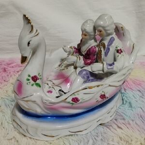 Mid Century Porcelain Swan Boat W Victorian Couple Figurine